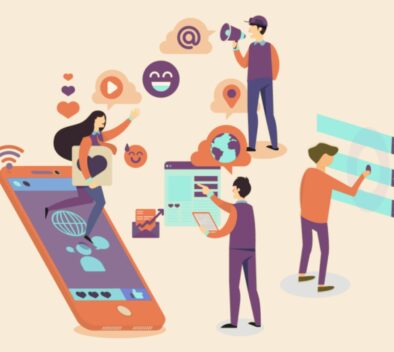 Piirrettyjä ihmishahmoja erilaisten digitaalisten elementtien seassa.