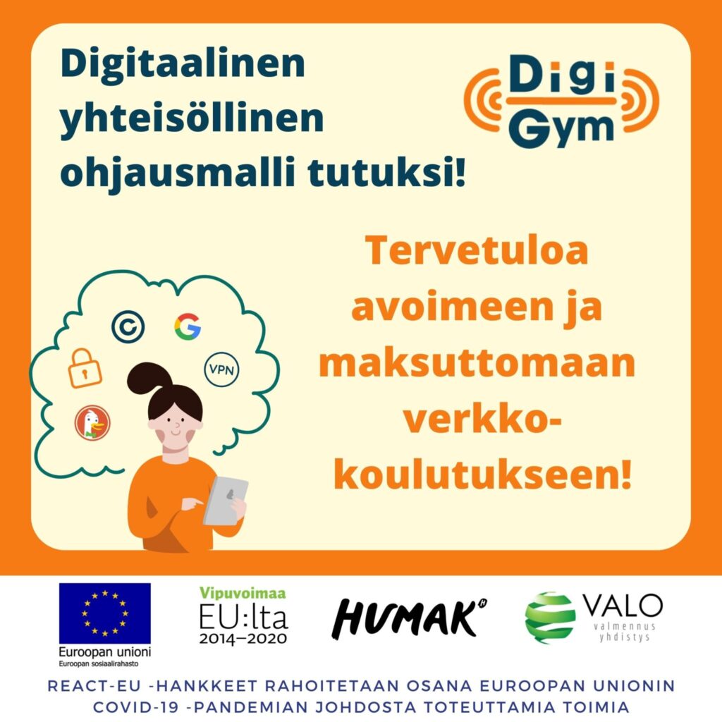 Verkkokoulutuksen mainoskuva, jossa tekstiä sekä piirretty hahmo ja digitaalisia tunnuksia ja merkkejä.