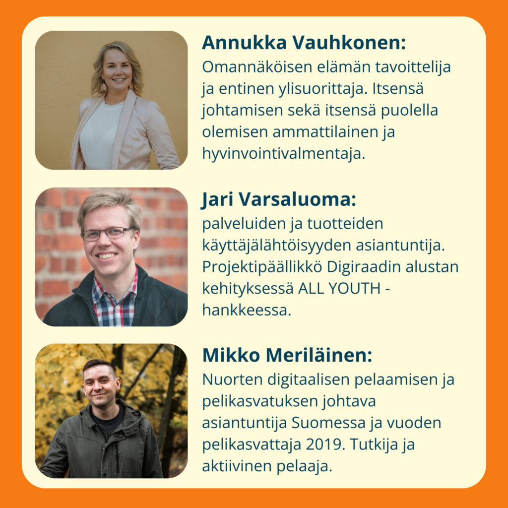 Kuvassa on seminaarin puhujien eli Annukka Vauhkosen, Jari Varsaluoman ja Mikko Meriläisen kuvat sekä heidän osaamisensa muutamalla sanalla.