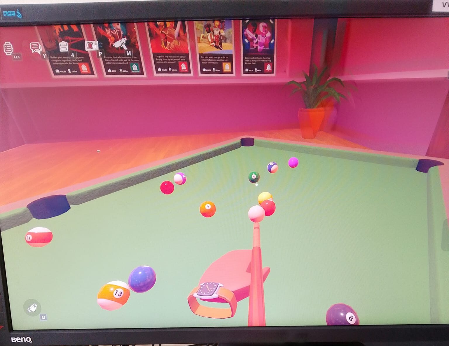 Kuva ympäristöstä: Rec Room –maailmassa voi pelata vaikkapa biljardia yhdessä muiden avatarien kanssa. Avatarina vuorovaikuttaminen voi madaltaa sosiaalisia haasteita.